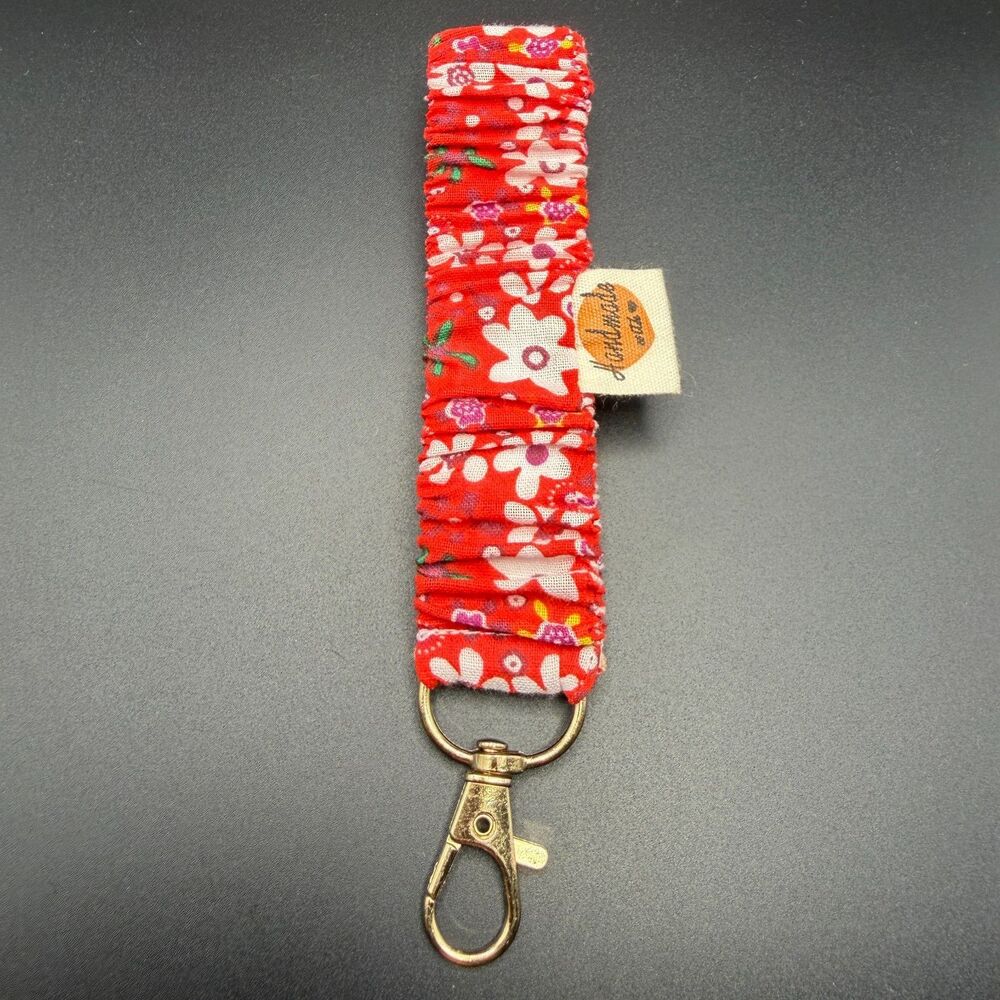 Handmade Red Floral Fabric Wristlet Keychain
